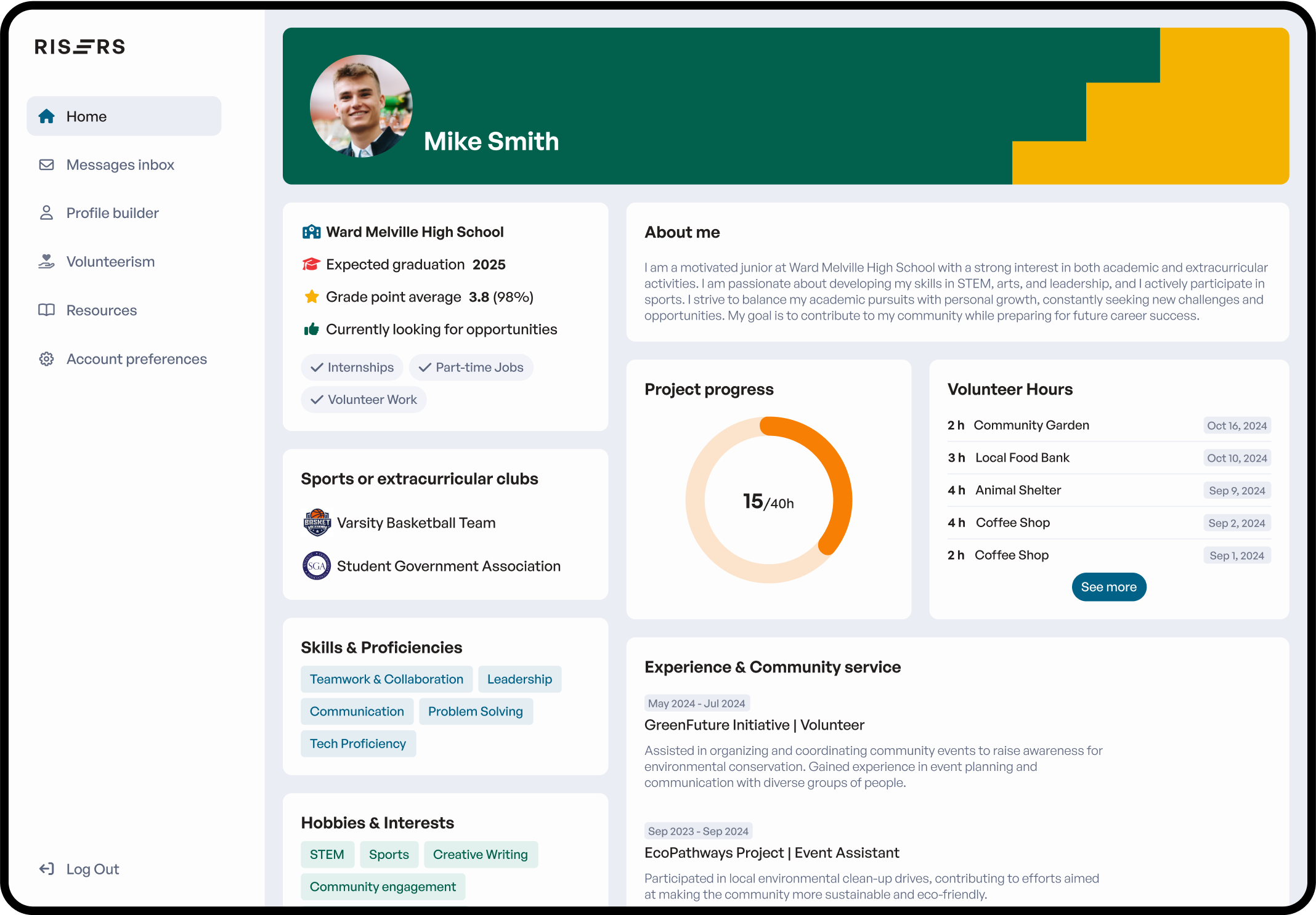 Student Dashboard interface showing profile, certifications, and volunteer hours tracking