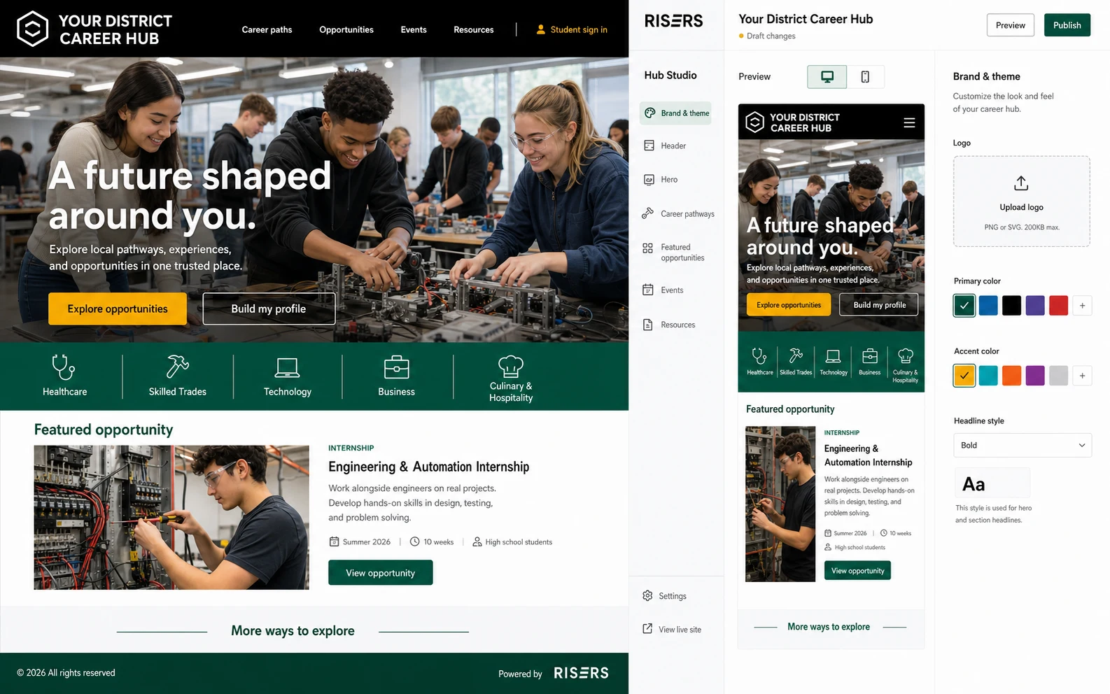 District-neutral student career hub beside the Risers Hub Studio brand and theme editor