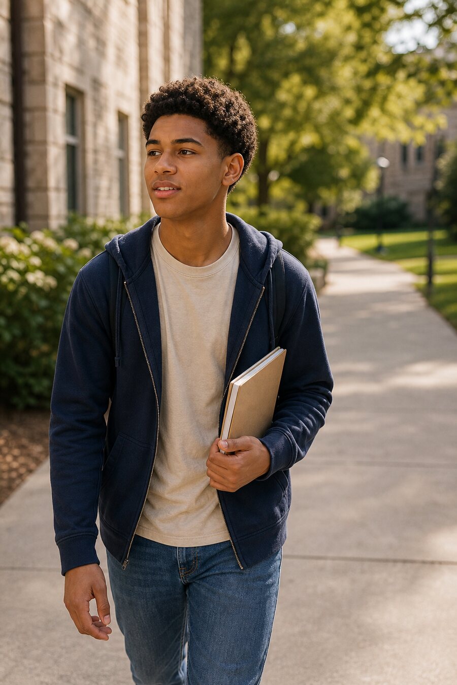 High school junior walking outside on campus