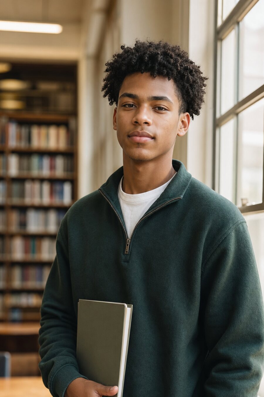 High school senior studying beside a bright library window